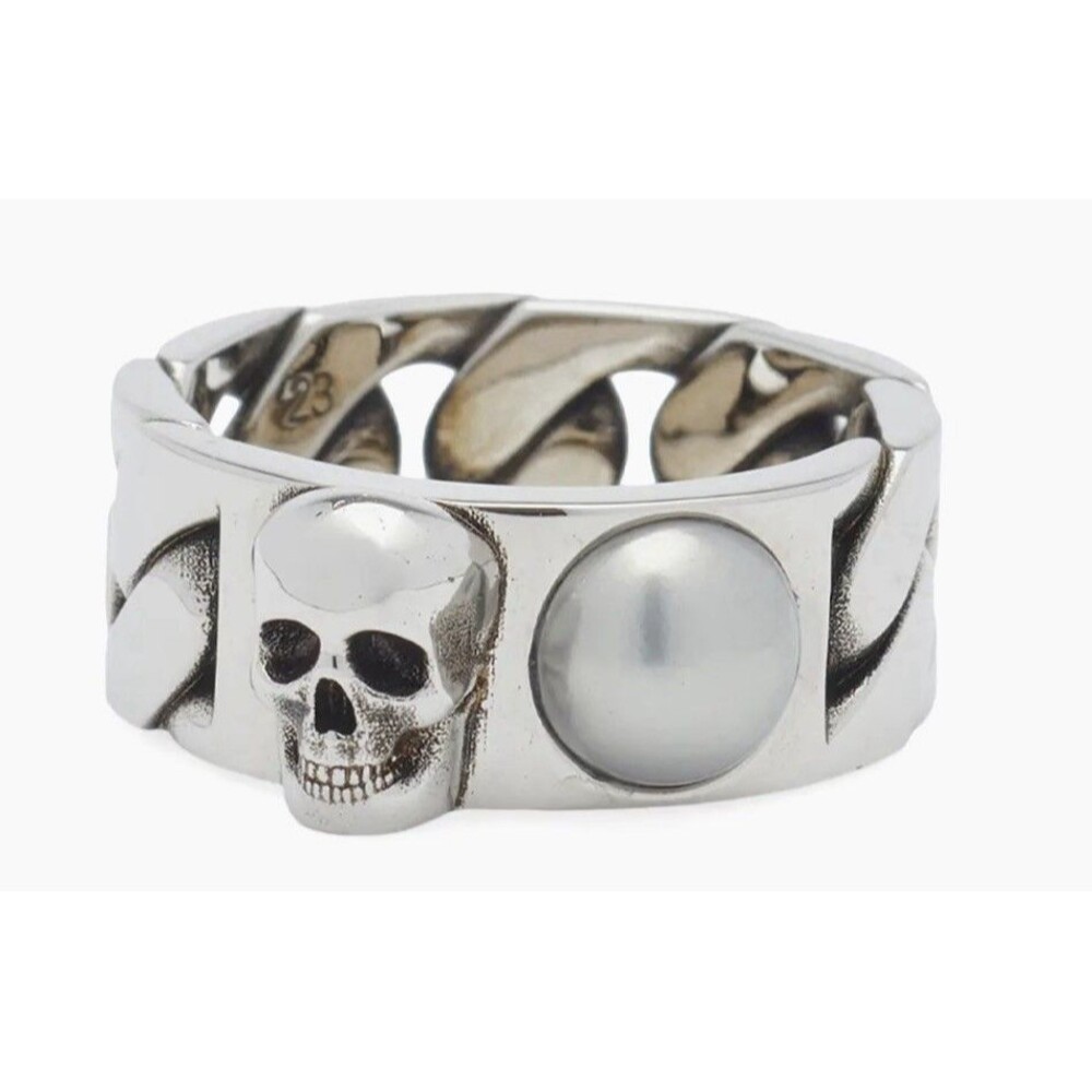 $390 Alexander McQueen Silver Skull Pearl Ring Men’s Made in Italy - Size IT 17